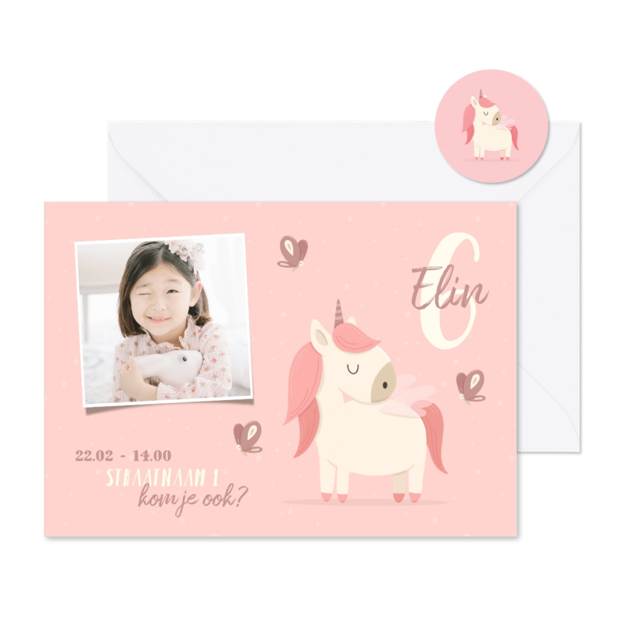 Kinderfeestje uitnodiging met foto, vlinders en unicorn - Kaartimpressie