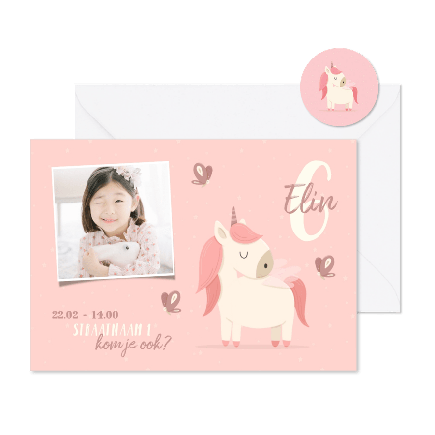 Kinderfeestje uitnodiging met foto, vlinders en unicorn - Kaartimpressie