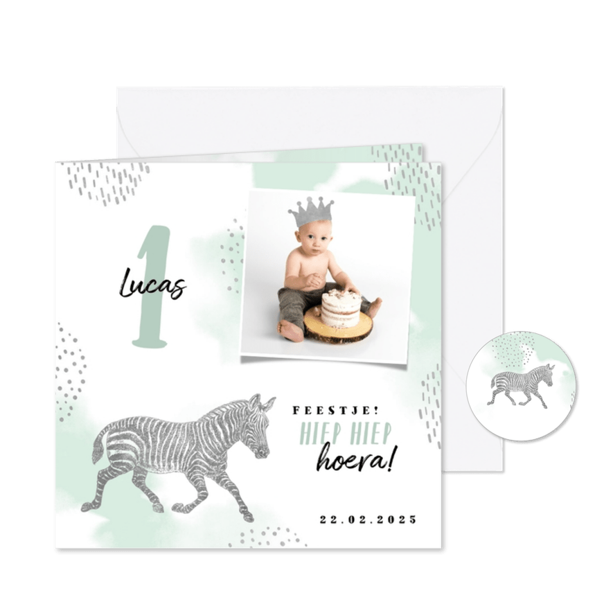 Kinderfeestje uitnodiging met foto, zebra en kroontje - Kaartimpressie