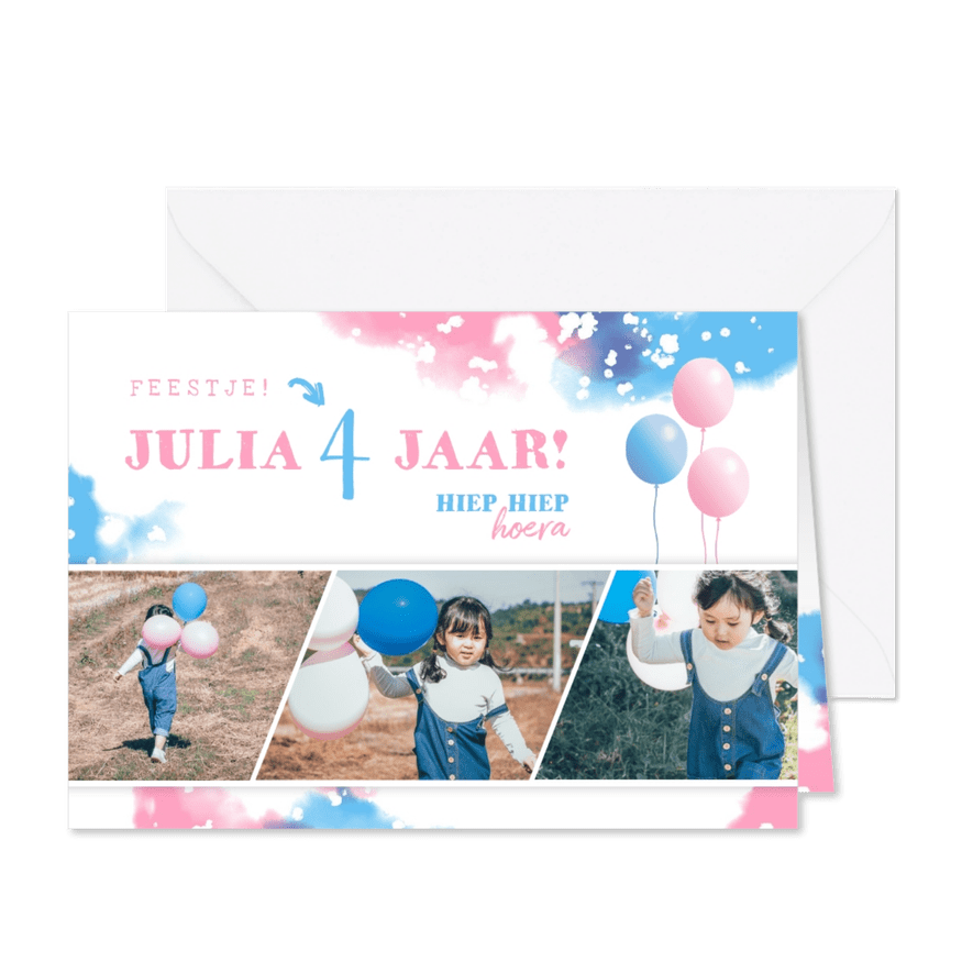 Kinderfeestje uitnodiging met fotostrip en ballonnen - Kaartimpressie