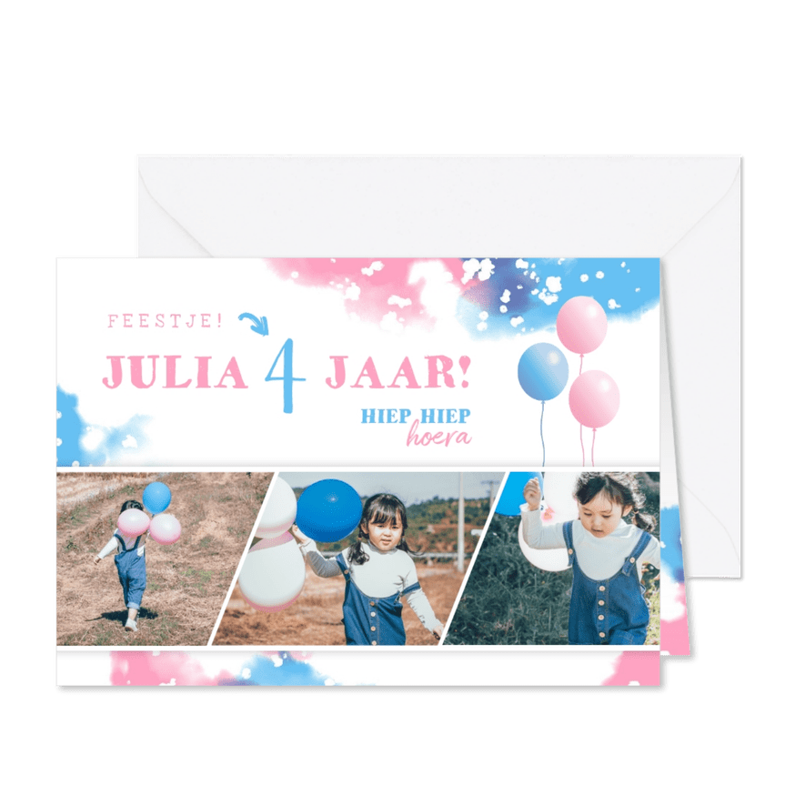 Kinderfeestje uitnodiging met fotostrip en ballonnen - Kaartimpressie