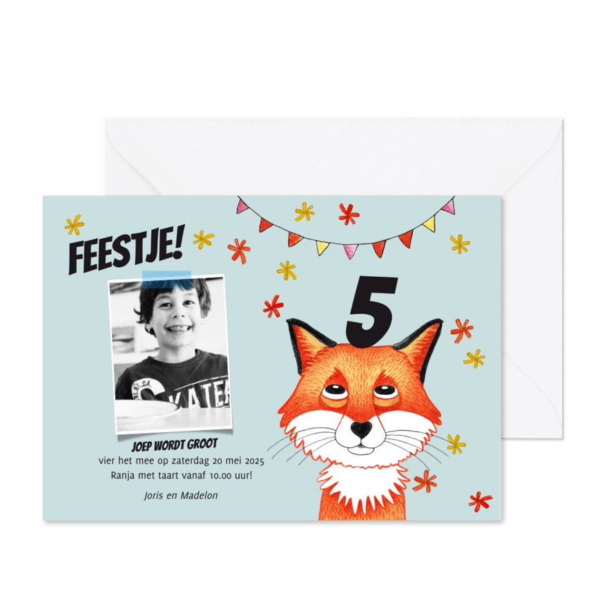 Kinderfeestje uitnodiging met grappige vos - Kaartimpressie