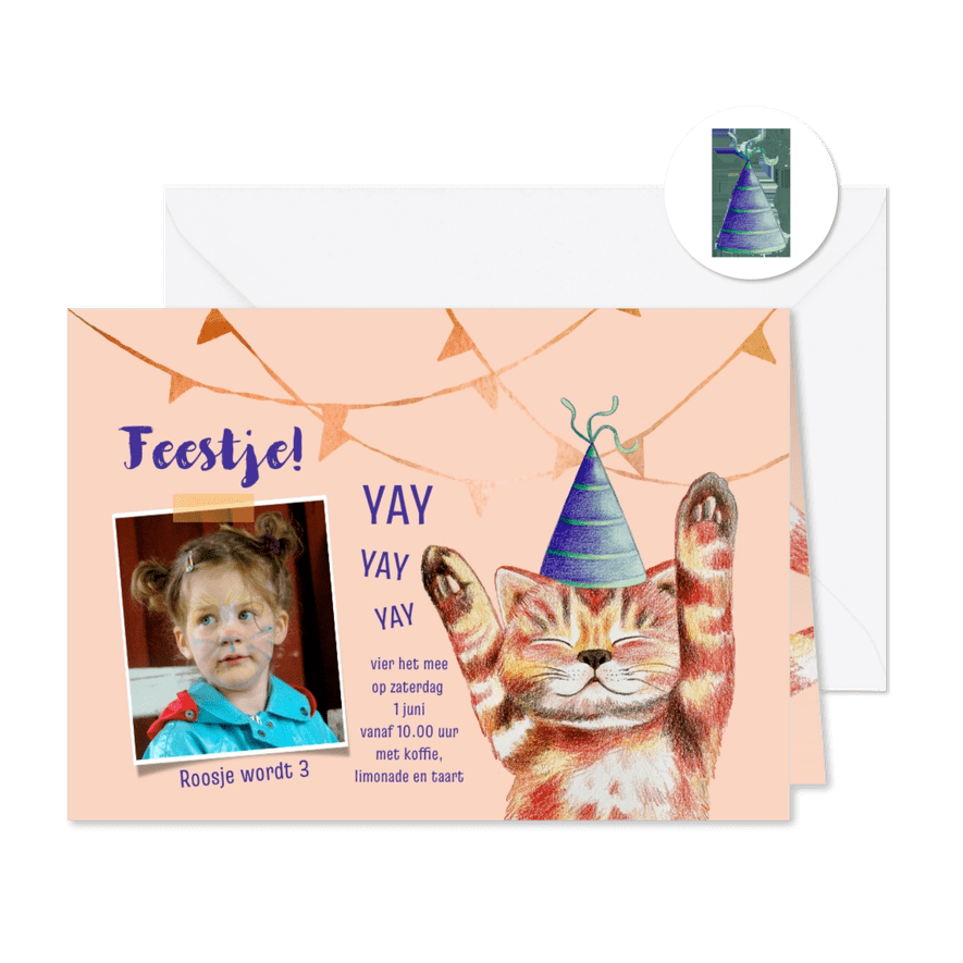 Kinderfeestje uitnodiging met juichende kat - Kaartimpressie