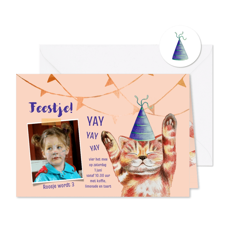 Kinderfeestje uitnodiging met juichende kat - Kaartimpressie