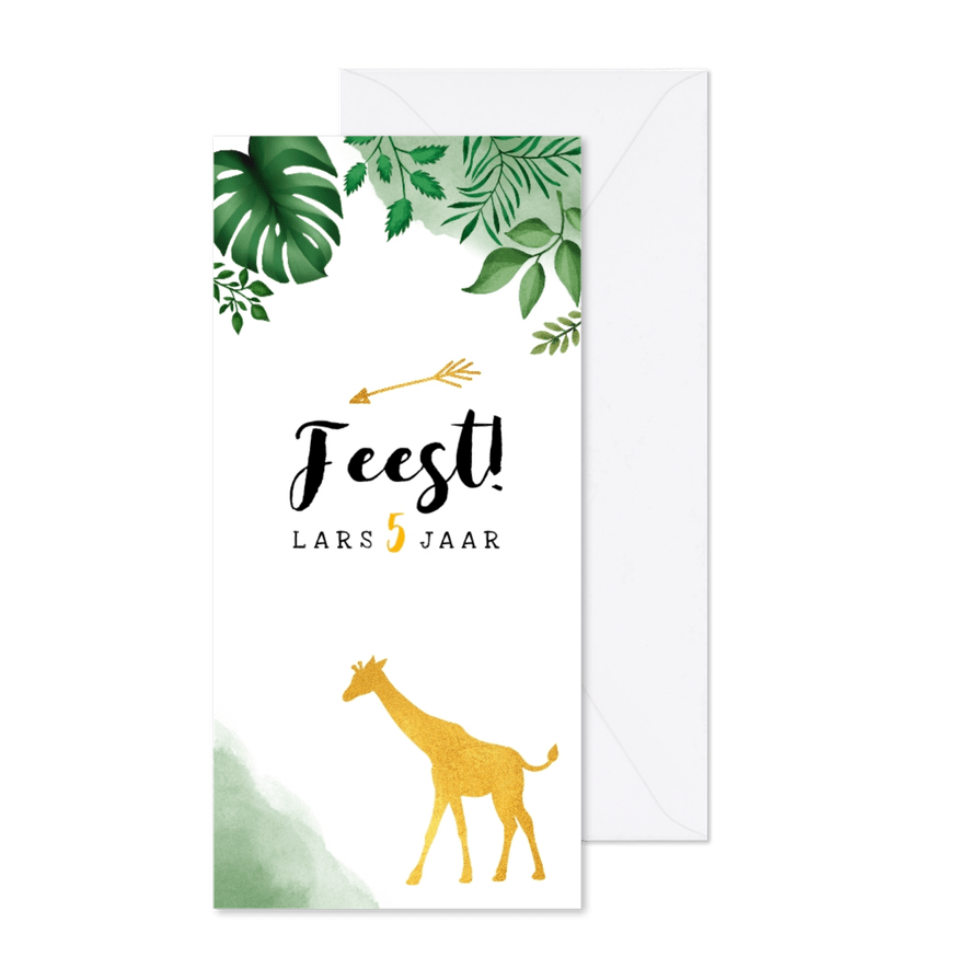 Kinderfeestje uitnodiging met jungle bladeren en giraffe - Kaartimpressie