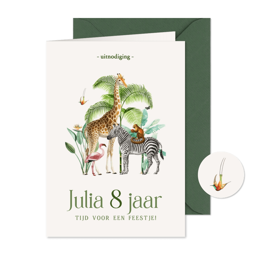 Kinderfeestje uitnodiging met jungle dieren - Kaartimpressie