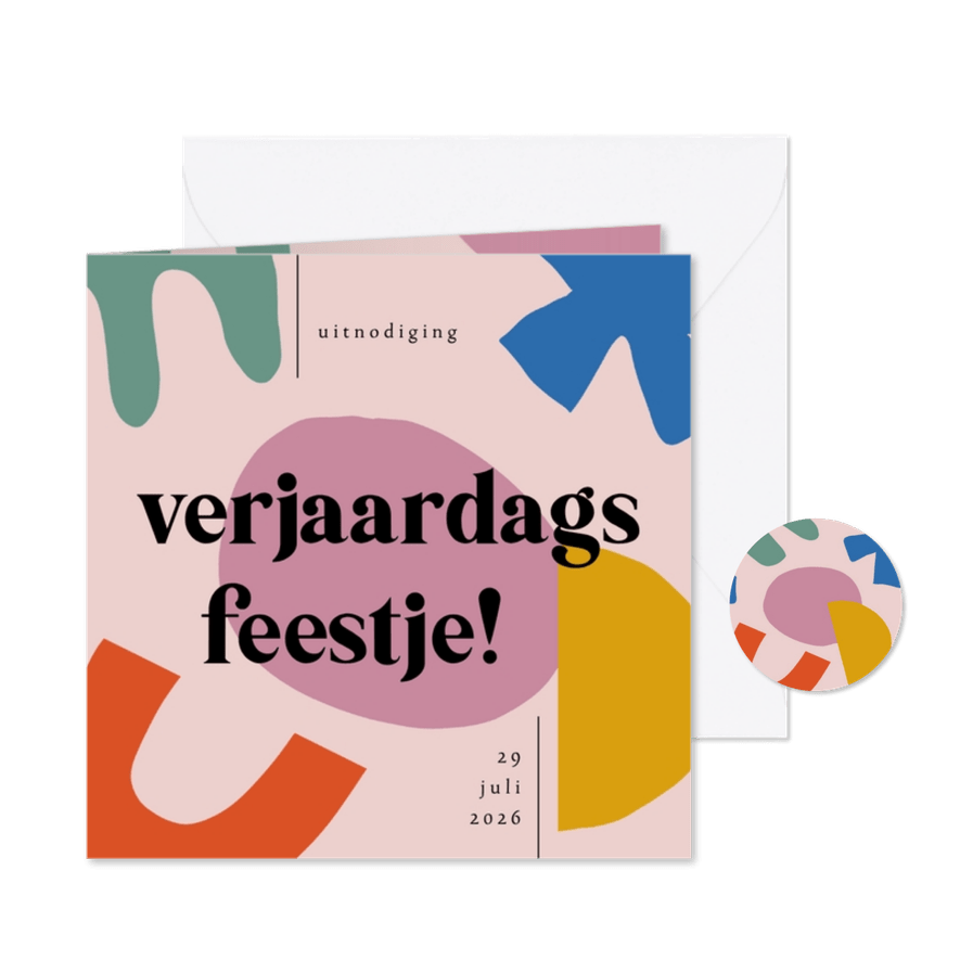 Kinderfeestje uitnodiging met kleurrijke abstracte vormen - Kaartimpressie