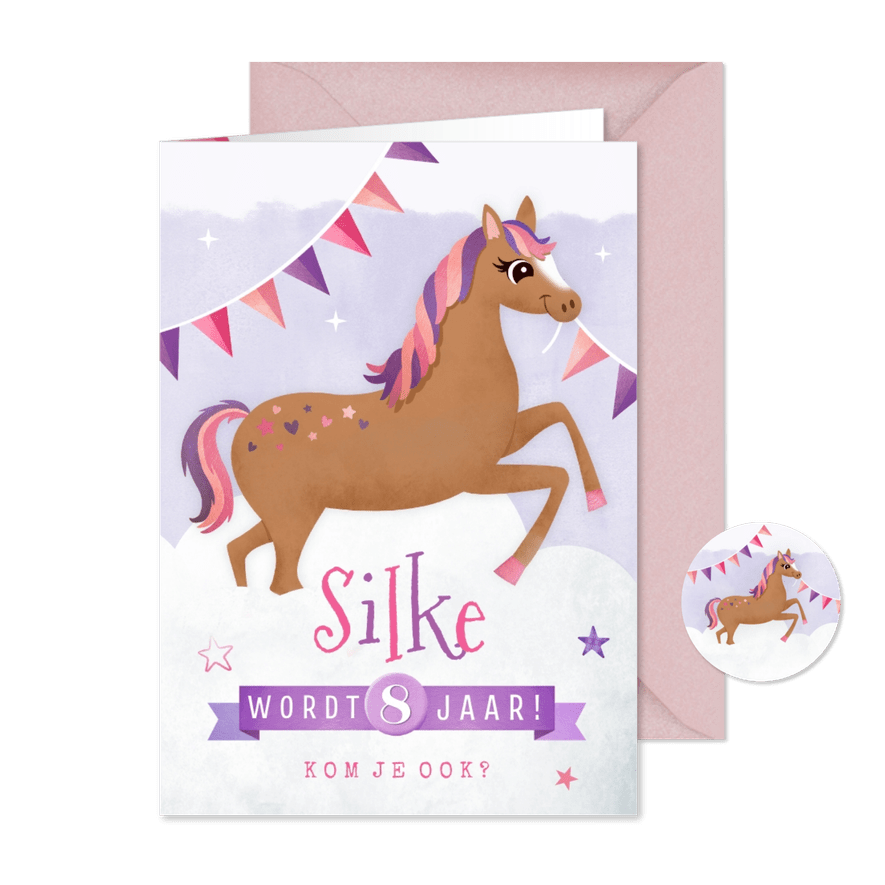 Kinderfeestje uitnodiging met lief paard en slingers - Kaartimpressie