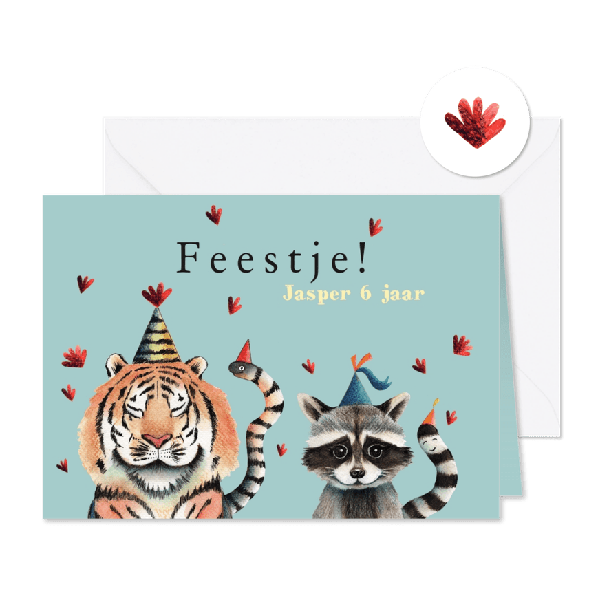 Kinderfeestje uitnodiging met tijger en wasbeer - Kaartimpressie