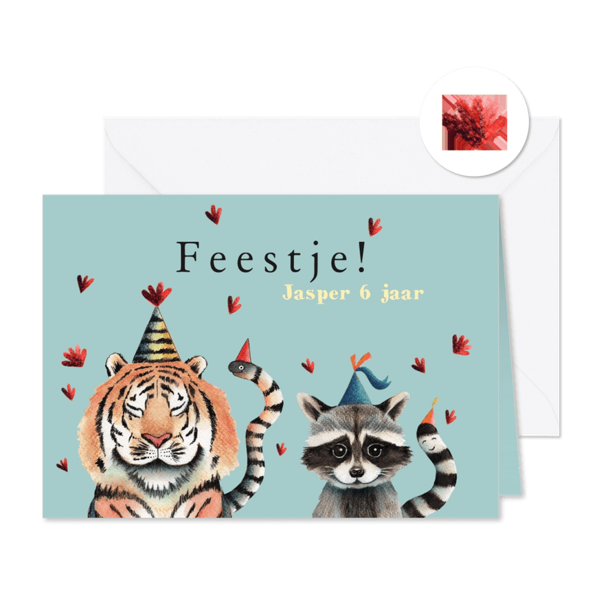 Kinderfeestje uitnodiging met tijger en wasbeer - Kaartimpressie