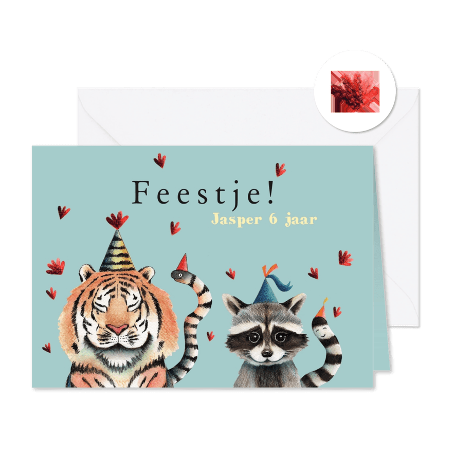 Kinderfeestje uitnodiging met tijger en wasbeer - Kaartimpressie