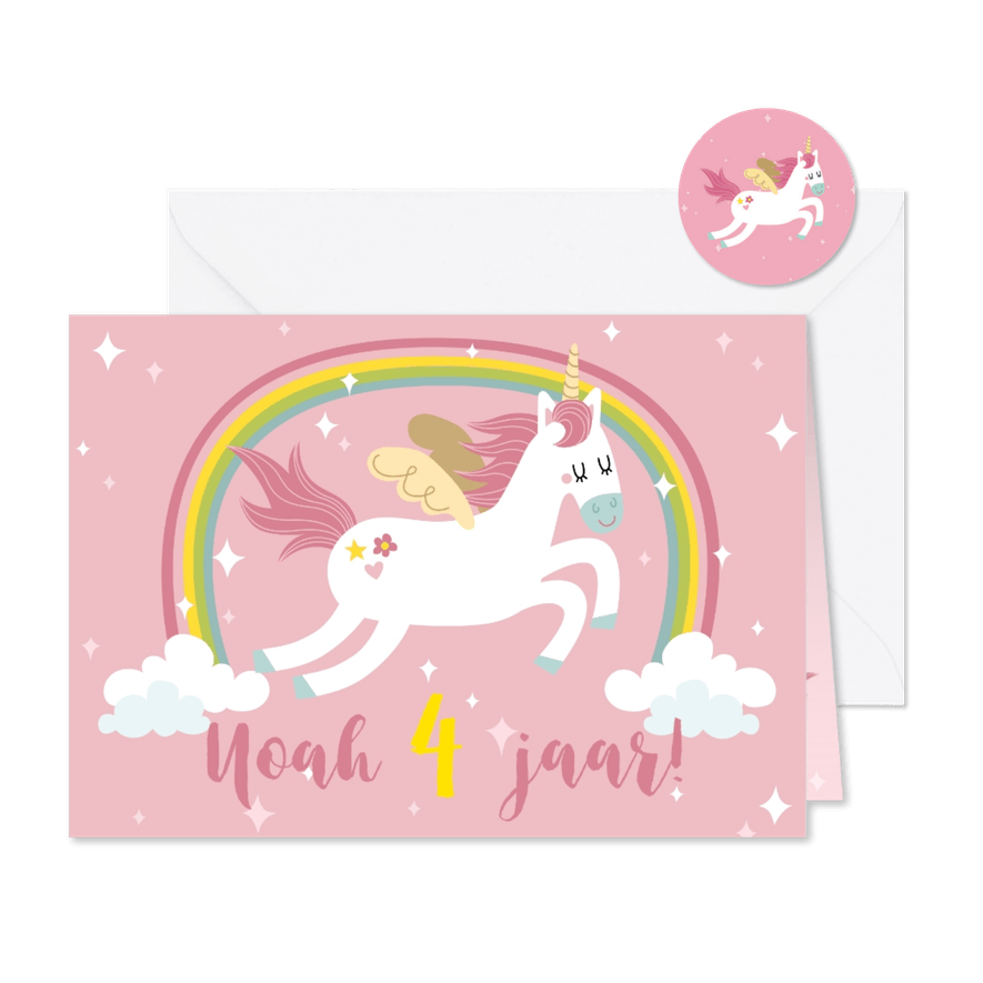 Kinderfeestje uitnodiging met unicorn en regenboog - Kaartimpressie
