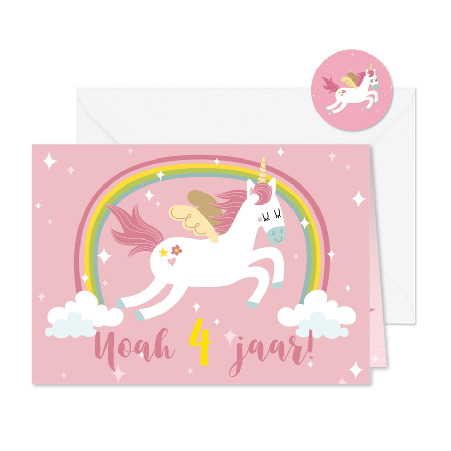 Kinderfeestje uitnodiging met unicorn en regenboog - Kaartimpressie