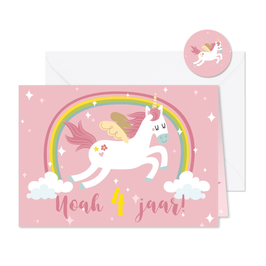 Kinderfeestje uitnodiging met unicorn en regenboog - Kaartimpressie