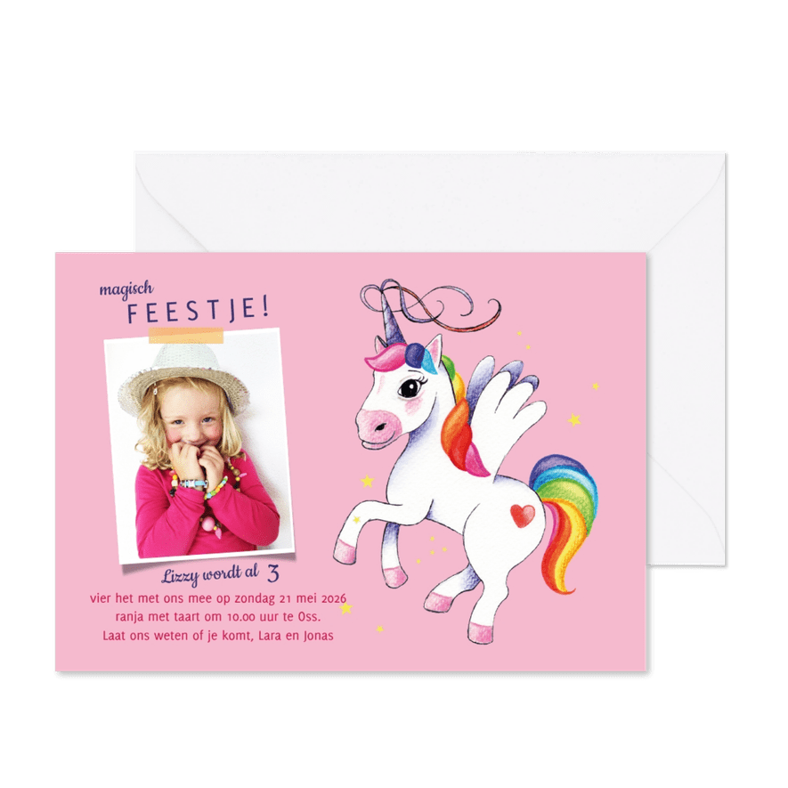 Kinderfeestje uitnodiging met unicorn - Kaartimpressie
