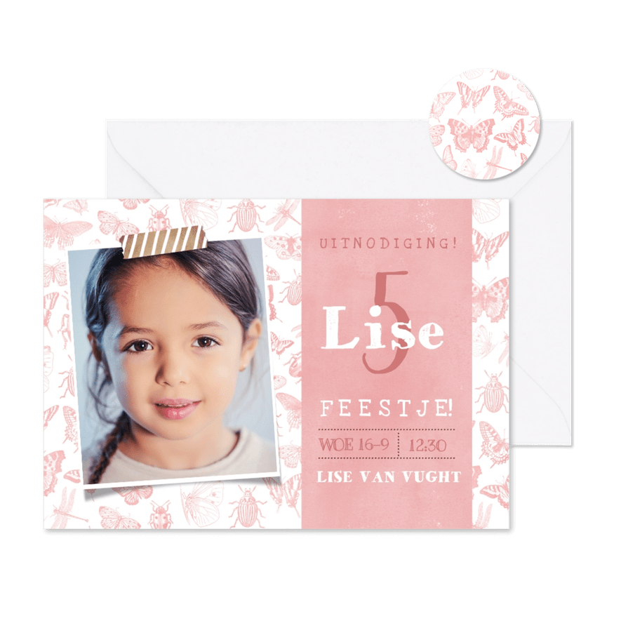 Kinderfeestje uitnodiging met vlinders voor een meisje - Kaartimpressie