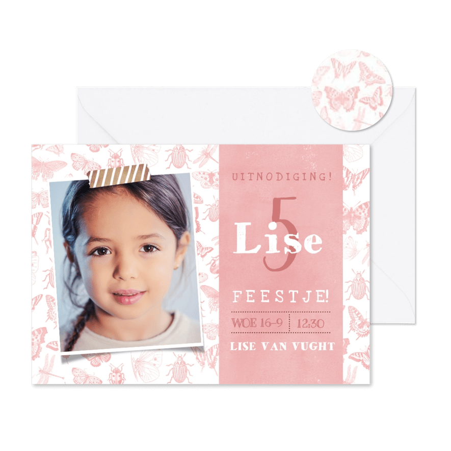 Kinderfeestje uitnodiging met vlinders voor een meisje  - Kaartimpressie