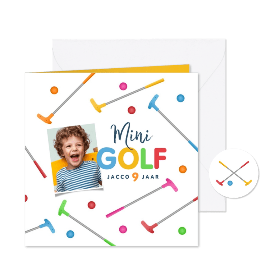 Kinderfeestje uitnodiging minigolf vrolijk sport foto - Kaartimpressie