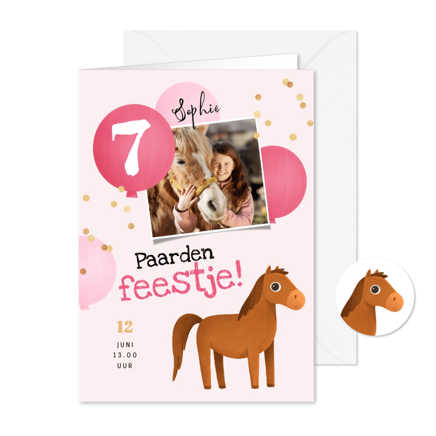 Kinderfeestje uitnodiging paarden ballonnen confetti foto - Kaartimpressie