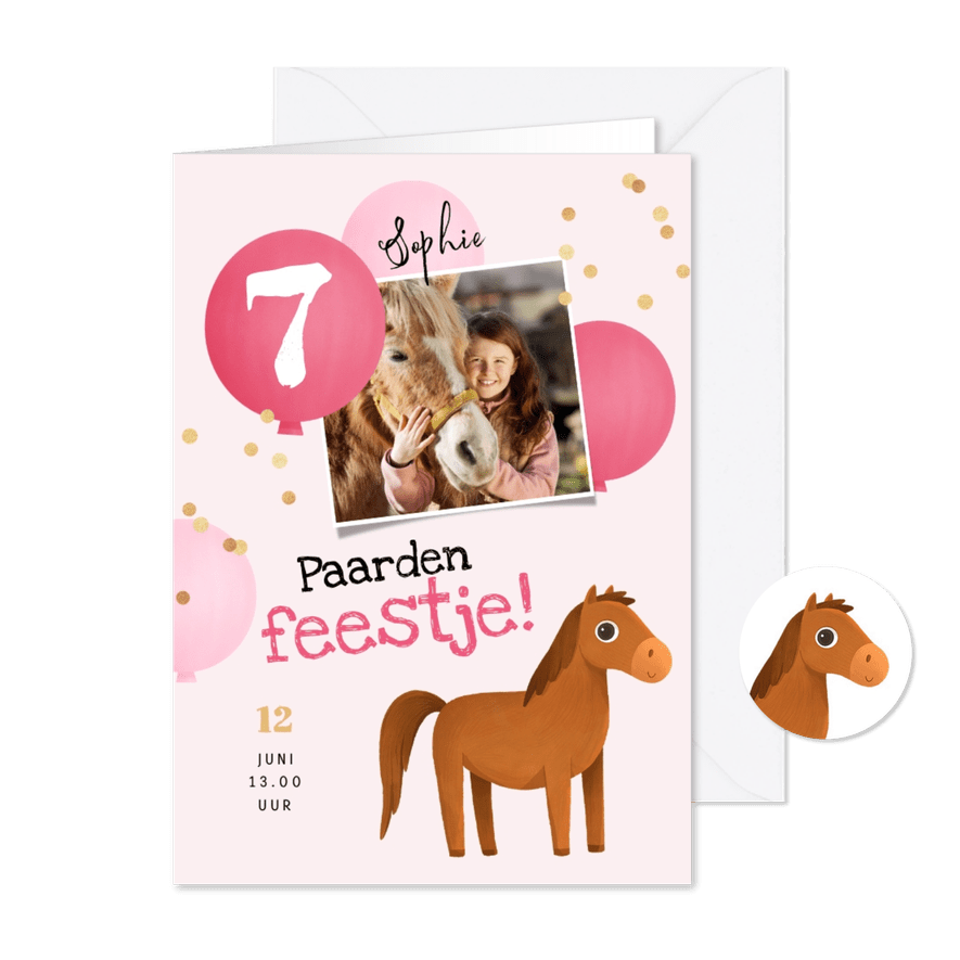 Kinderfeestje uitnodiging paarden ballonnen confetti foto - Kaartimpressie