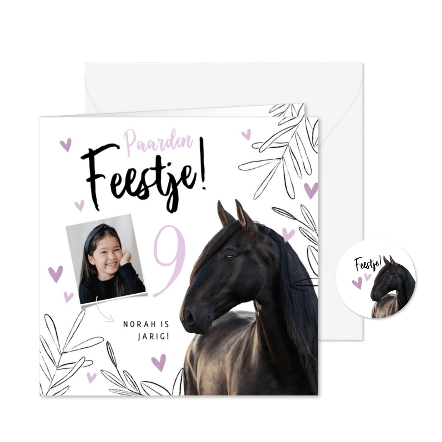 Kinderfeestje uitnodiging paarden feestje lila hartjes foto - Kaartimpressie