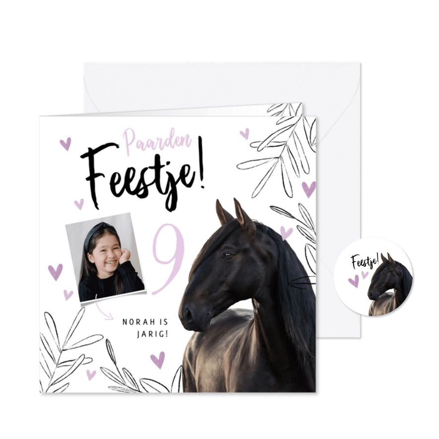 Kinderfeestje uitnodiging paarden feestje lila hartjes foto - Kaartimpressie