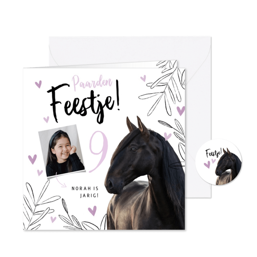 Kinderfeestje uitnodiging paarden feestje lila hartjes foto - Kaartimpressie