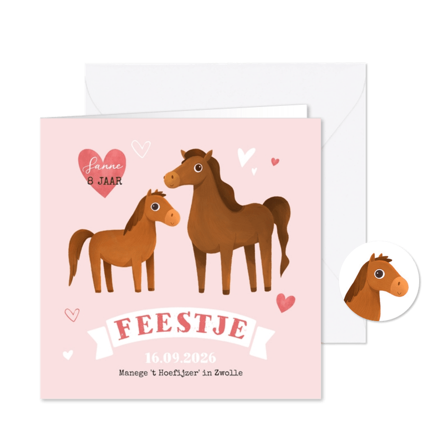 Kinderfeestje uitnodiging paarden paardrijden dieren hartjes - Kaartimpressie