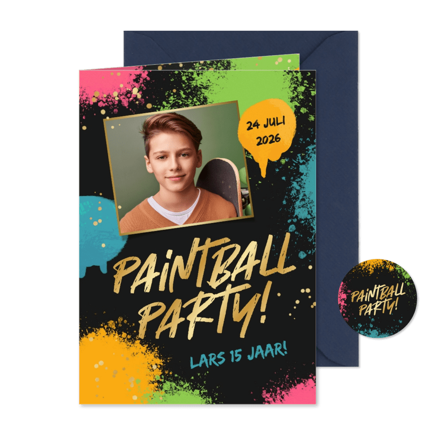 Kinderfeestje uitnodiging paintball stoer verf foto goud - Kaartimpressie