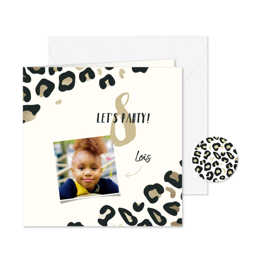 Kinderfeestje uitnodiging panterprint goudlook - Kaartimpressie