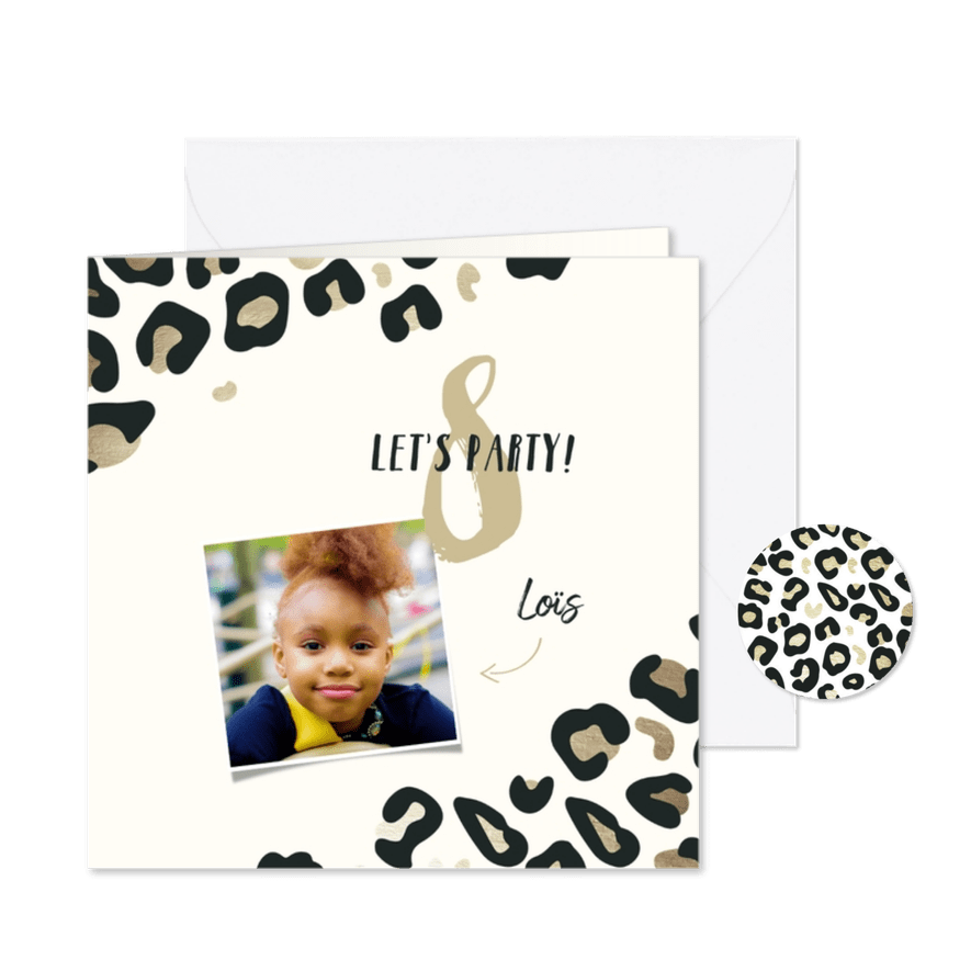 Kinderfeestje uitnodiging panterprint goudlook - Kaartimpressie
