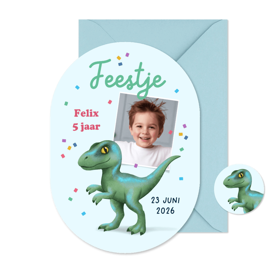 Kinderfeestje uitnodiging pilvorm dino raptor confetti foto - Kaartimpressie