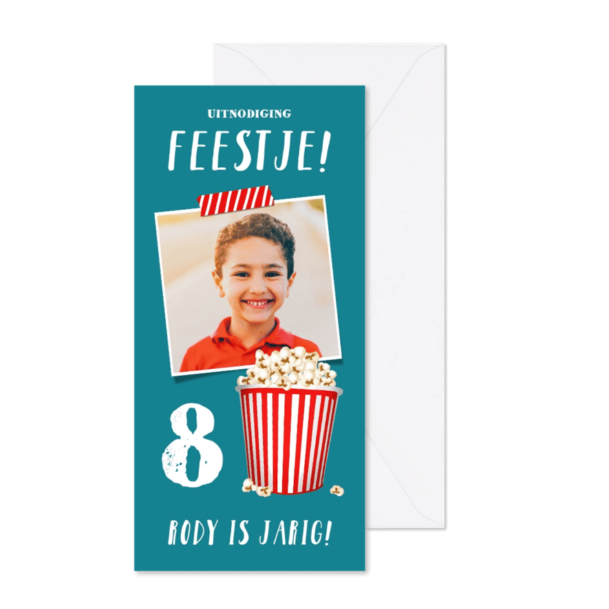 Kinderfeestje uitnodiging popcorn met eigen foto - Kaartimpressie