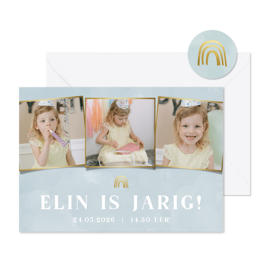 Kinderfeestje uitnodiging regenbogen blauw fotocollage - Kaartimpressie