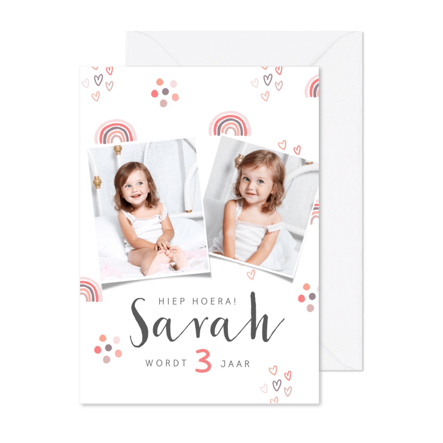 Kinderfeestje uitnodiging regenboogjes roze hartjes foto - Kaartimpressie