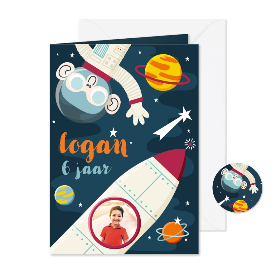 Kinderfeestje uitnodiging ruimte  met aap, raket en planeten - Kaartimpressie