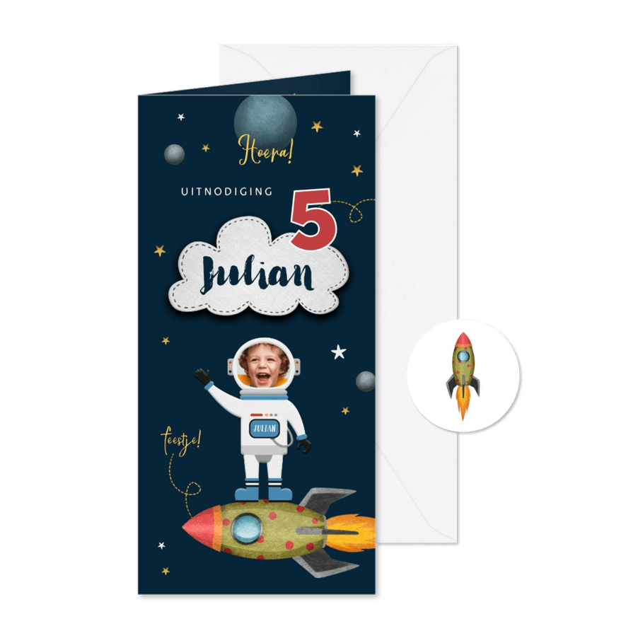 Kinderfeestje uitnodiging ruimte space raket foto - Kaartimpressie