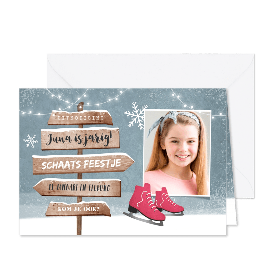 Kinderfeestje uitnodiging schaatsen wegwijzers winter - Kaartimpressie