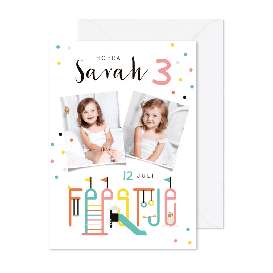 Kinderfeestje uitnodiging speeltuin confetti vrolijk foto - Kaartimpressie