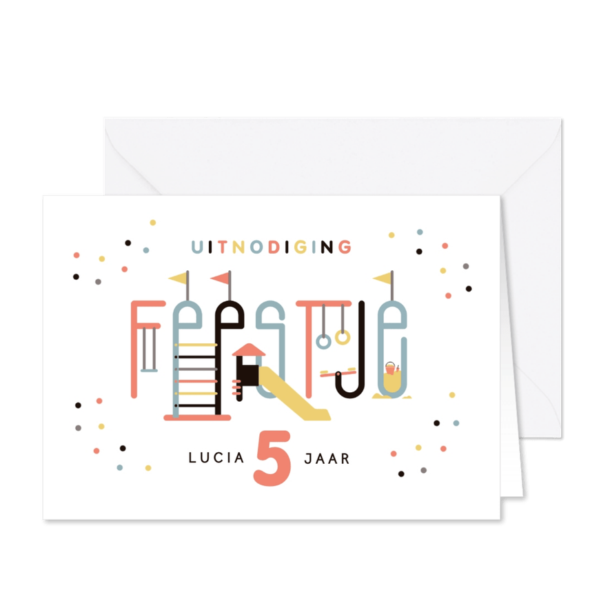 Kinderfeestje uitnodiging speeltuin typografisch - Kaartimpressie