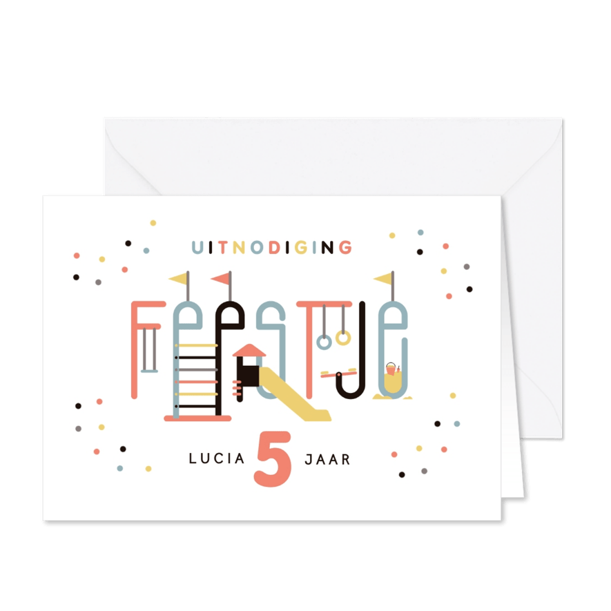 Kinderfeestje uitnodiging speeltuin typografisch - Kaartimpressie