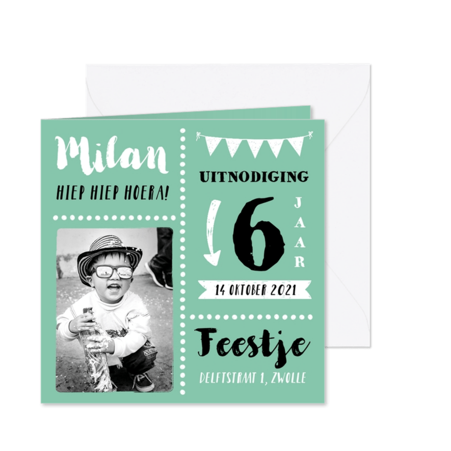 Kinderfeestje uitnodiging stoer en hip met eigen foto's - Kaartimpressie