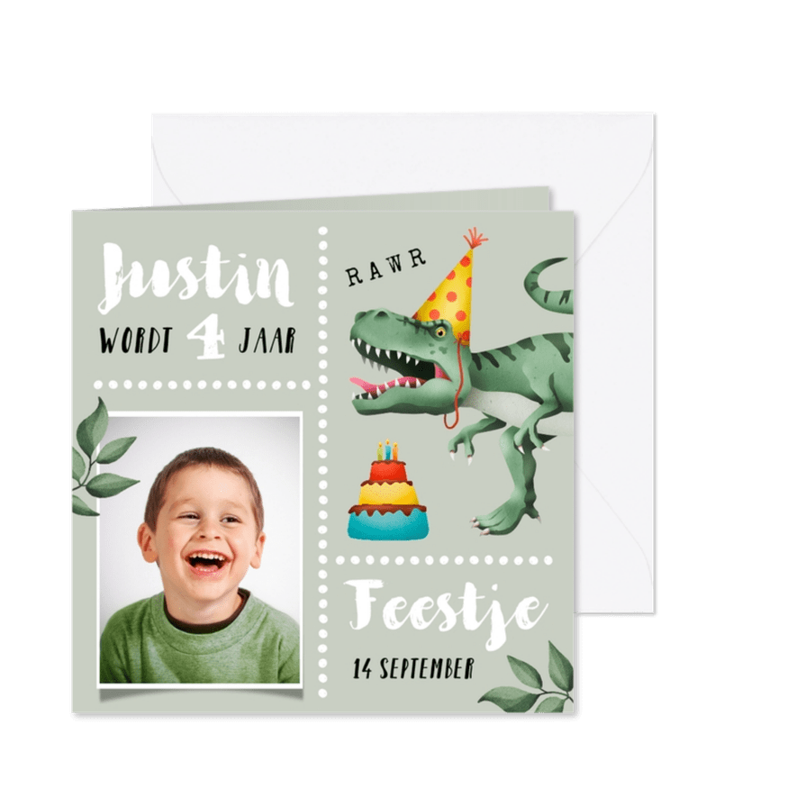 Kinderfeestje uitnodiging stoer met T-rex en taart - Kaartimpressie