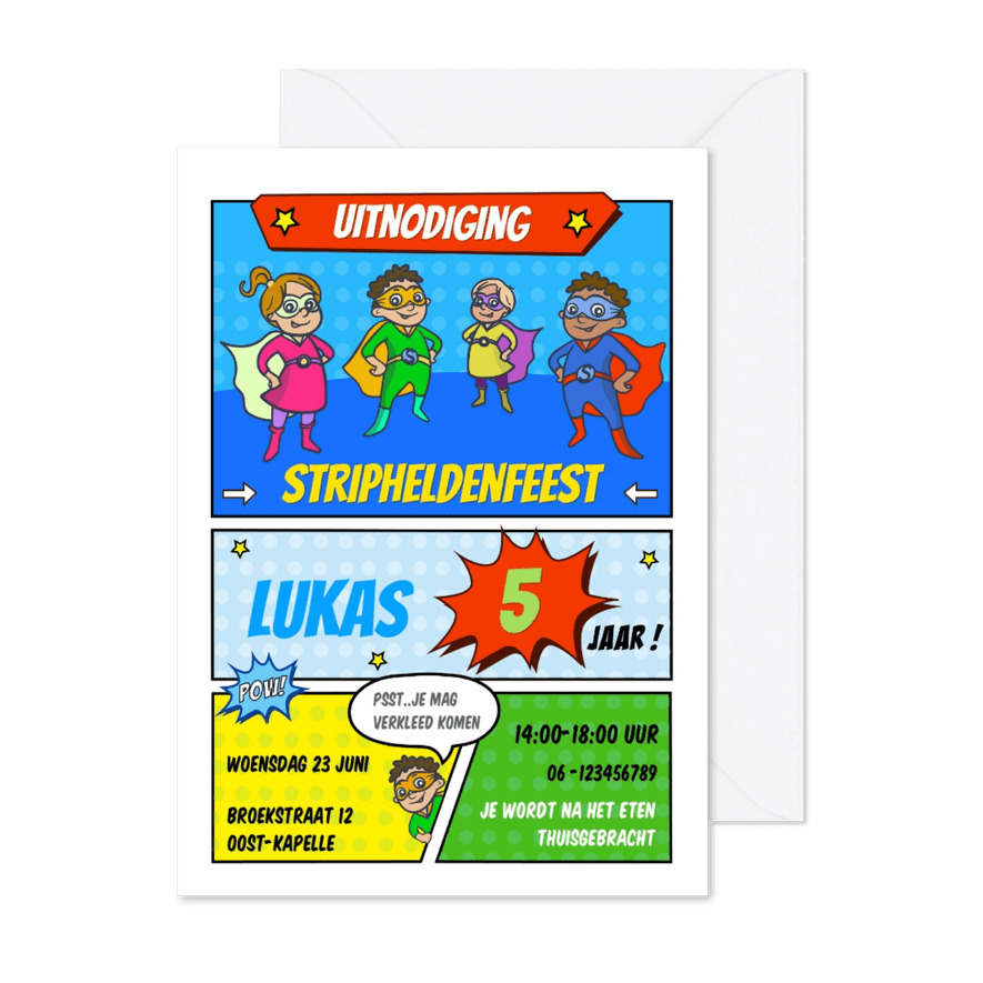 Kinderfeestje uitnodiging stripheldenfeest - Kaartimpressie