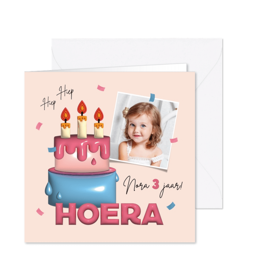Kinderfeestje uitnodiging taart ballonnen confetti foto - Kaartimpressie