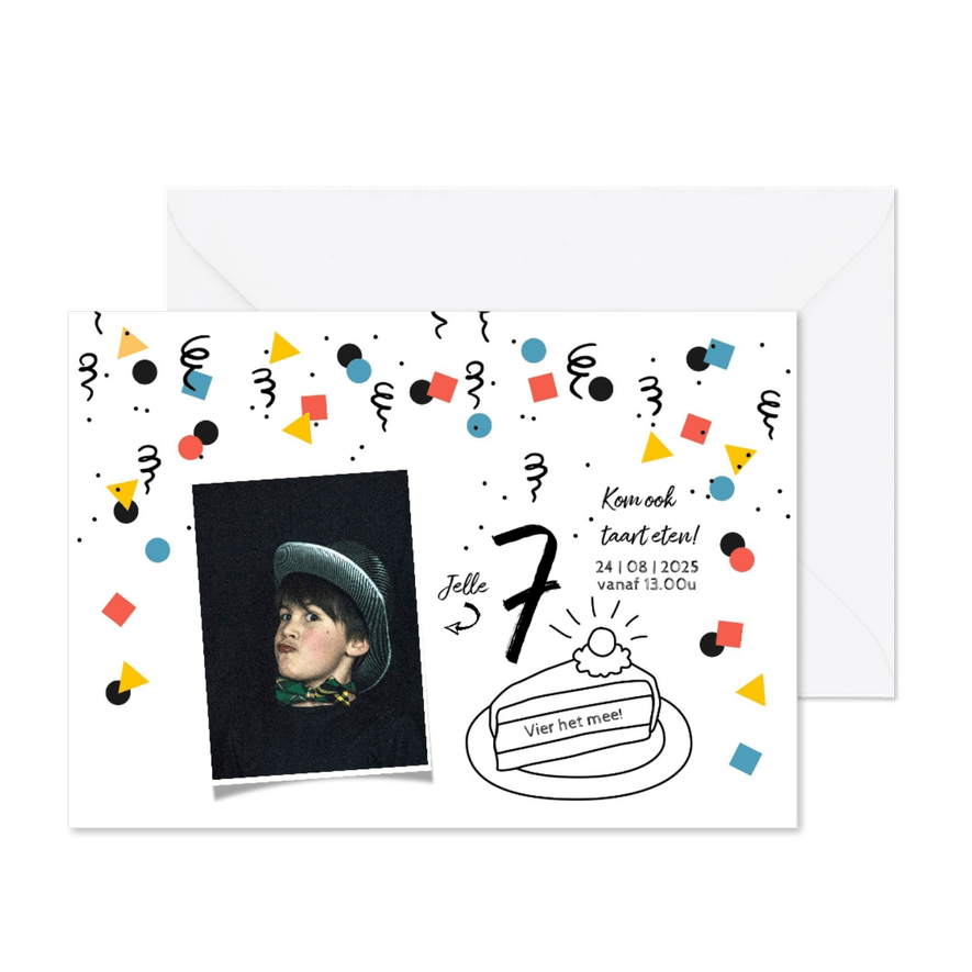 Kinderfeestje uitnodiging taart confetti jongen - Kaartimpressie