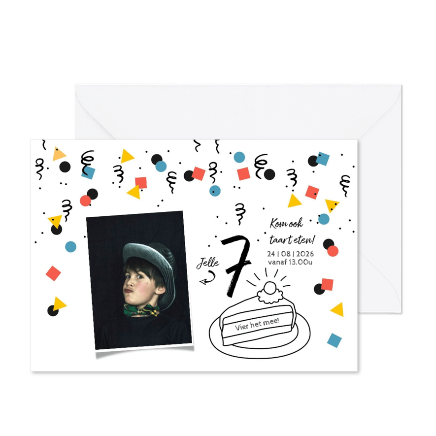 Kinderfeestje uitnodiging taart confetti jongen - Kaartimpressie
