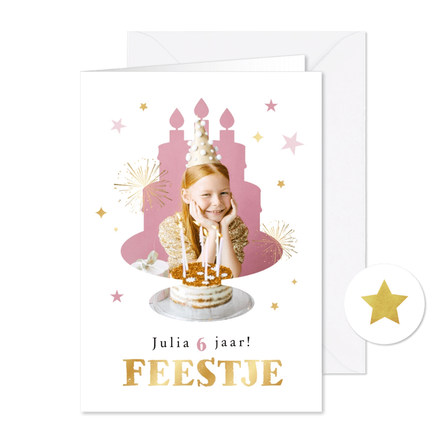 Kinderfeestje uitnodiging taart foto sterren goud - Kaartimpressie
