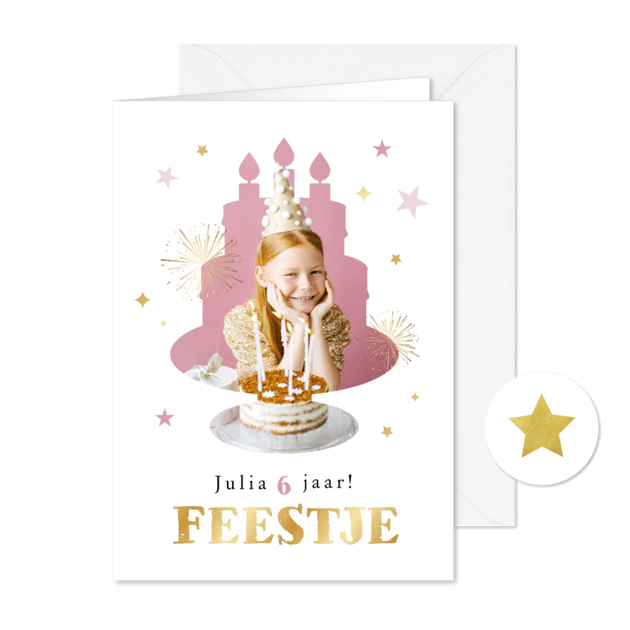 Kinderfeestje uitnodiging taart foto sterren goud - Kaartimpressie