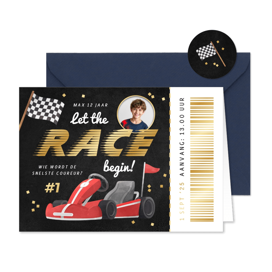 Kinderfeestje uitnodiging ticket racen karten foto stoer - Kaartimpressie
